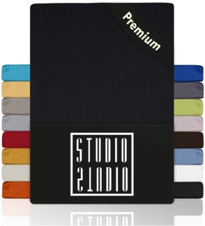 STUDIO Spannbettlaken Classic, viele Größen, 100% Baumwolle, made in GREEN / EU, Jersey Baumwolle, Gummizug: rundum, 90x200-100x200 cm Bettlaken Spannbetttuch bis 25 cm Höhe - schwarz