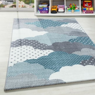 Carpettex Kinderteppich Wolken Design, Läufer, Höhe: 10 mm, Teppich Kinderzimmer Wolke Design Kinder Teppich Blau Babyzimmer