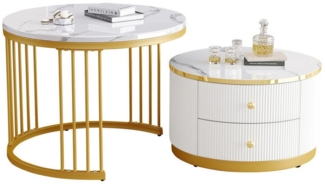 REDOM Couchtisch 2er modern Wohnzimmertisch Set (Sofatisch, Wohnzimmertisch, 2-St, 60*60*45.5+50*50*32 cm(L*W*H), mit 2 Schubladen, hochglänzender Marmoroptik