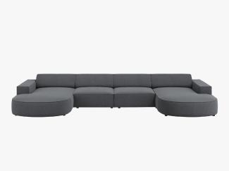 Micadoni 6-Sitzer Strukturierter Stoff Panorama Sofa rund Jodie | Bezug Dunkelgrau | Beinfarbe Black Plastic