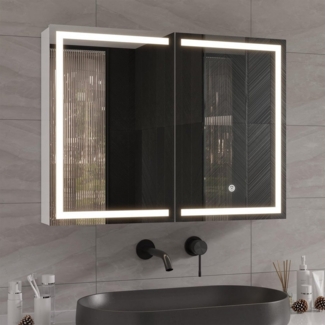 MSMASK Badezimmerspiegelschrank mit LED Beleuchtung und Steckdose,Hängeschrank mit Spiegel Hängeschrank mit LED Beleuchtung, 80B x13.5Tx60Hcm