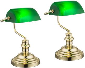 2er Set Retro Vintage Tischlampe ANTIQUE, Bankerlamp, Messing, Acrylschirm grün