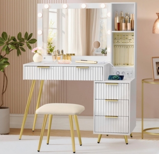 VASAGLE Schminktisch mit Hocker und Spiegel, Frisiertisch mit Schubladen, Kosmetiktisch, 10x Vergrößerungsspiegel, LED-Leuchten, Schmucktablett, Ladestation, 40 x 110 x 135 cm, wolkenweiß