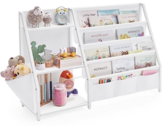 SONGMICS Bücherregal Kinder, Kinderregal, Spielzeugregal, Bücher-Organizer, mit Seitentasche, 75 cm hoch, für Kinderzimmer, Spielzimmer, weiß GKR024W01