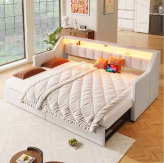 Merax Daybett 90x200cm/180x200cm mit Ausziehbett und 2 Schubladen (1 tlg), Tagesbett mit LED-Leiste, Schlafsofa mit Anschlüssen, Leinen