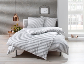 Bettwaesche-mit-Stil Mako Satin Streifen Kopfkissen „Den Haag“ grau weiß gestreift Kissen 40x80