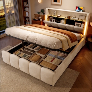 Merax Polsterbett (1-tlg), Hydraulisches Stauraumbett 140x200cm mit LED USB Typ-C Ablagefächern