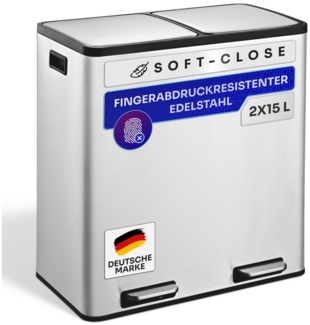 Gardissimo Mülleimer Edelstahl Duo Abfalleimer Treteimer Ruby 2 x 15 Liter = 30 Liter, Soft-Close Deckel Fingerabdruck resistent mit zwei Inneneimern