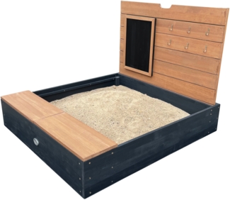 AXI Mandy Sandkasten aus FSC Holz mit Sitzbank, Stauraum, Deckel & Kreidetafel Sandbox in Anthrazit & Braun inklusive Bodeplane | Grau, Braun, Gelb | Holz | 100.00 cm