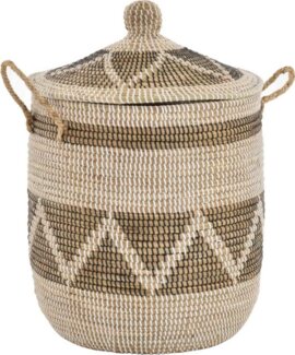 Krines Home Wäschekorb Wäschekorb Wäschesammler mit Deckel Dekokorb Aufbewahrungs-Box, Allzweck-Korb Natur Seegras mit bunten Wicklungen