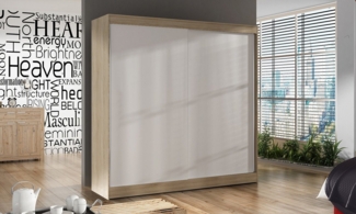 Kleiderschrank Basti X 200 cm - Schwebetürenschrank mit Kleiderstange und Einlegeboden, Schlafzimmerschrank mit 2 Türen, Schiebetürenschrank 200x215x58 cm (Sonoma/Weiß)