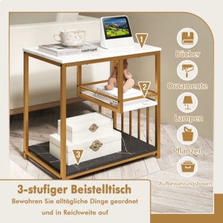 Beistelltisch Marmor Optik 3-stufiger Nachttisch mit Metallrahmen Couchtisch modern Wohnzimmertisch Weiß