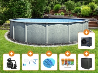 Steinbach Aktionsangebot Stahlwand Swimming Pool Set "Grande rund", Ø 457 x 135 cm,Zubehörset M (inkl. Filteranlage, Grundreinigungsset, Chlor Starterset, Solarabdeckplane, Pooltechnikbox, Wärmepumpe)