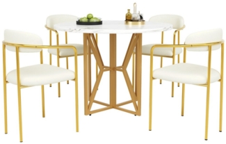 OKWISH Essgruppe Esstisch mit 4 Stühlen, (Elegantes Esstisch-Set (5 Teile) mit 80 cm runder Tischplatte und goldenen Metallbeinen, inklusive 4 komfortabler beige Samt-Stühle, ideal für Esszimmer und moderne Wohnungen – verstellbar und langlebig, 5-tlg)