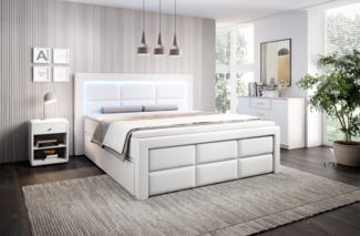 Aspen Boxspringbett mit Schubladen, LED-Beleuchtung, Kunstleder, 180x200 cm, Matratze H3/H4, Weiß