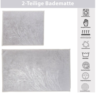 Jungengel Badematte Badteppich 2'er Rutschfest Vorleger Badvorleger Duschvorleger Grau, Höhe 8 mm, Obermaterial: 90% Baumwolle, 10% Polyester, Rechteckig, Waschbar 30°C, Flache Oberfläche, Premium Qualität, Rutschhemend