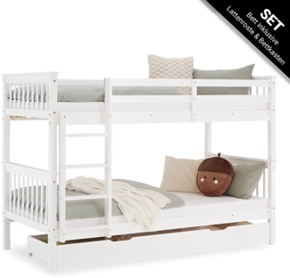Kinderbett 90x200 mit Stauraum Etagenbett Holzbett Weiß Jugendbett Doppelstockbett Rausfallschutz Stockbett Umbaubar