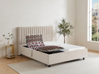 Dekoratives Bett mit elektrischer Relaxfunktion mit Tellern + Memory-Schaum-Matratze - 2 x 90 x 200 cm - Stoff - Beige - SASORA von DREAMEA