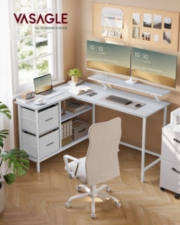 VASAGLE L-förmiger Schreibtisch, Eckschreibtisch, 2 geräumige Schubladen, Computertisch mit Monitorständer, mit verstellbarer Ablage, für Homeoffice, ahornweiß LWD098W01