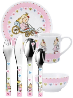 PURESIGNS Kindergeschirr-Set NELIA (7-tlg), 1 Personen, Edelstahl 18/10, Porzellan, Plastikfreier Essgenuss für die Kleinen