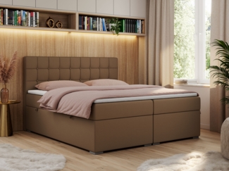 Boxspringbett, Doppelbett, Polsterbett mit Kopfstütze - CARMEN - 140x200cm - Braun Kunstleder - H4