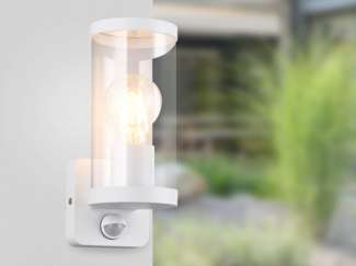 Reality Leuchten LED Außen-Wandleuchte, Bewegungsmelder, LED wechselbar, Warmweiß, Fassaden-beleuchtung Haus-wand mit Bewegungsmelder, Weiß Höhe: 23cm