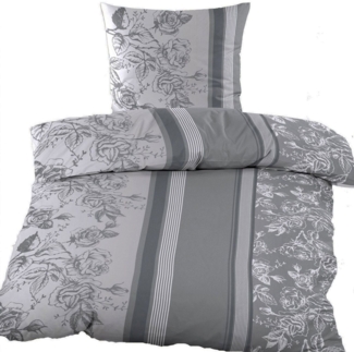 KH-Haushaltshandel Bettwäsche 2-tlg. Baumwoll Biber Winter Bettwäsche 135x200+80x80cm Blüten, Biber, 2 teilig, grau hellgrau, flauschig weiche, warme Winterbettwäsche