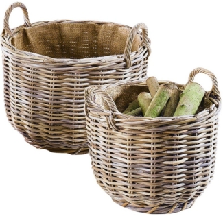 Kobolo Kaminholzkorb Rattankorb rund mit Leinenstoff 2er Set, aus Rattan