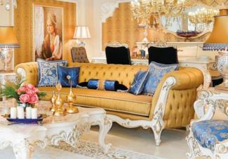 Casa Padrino Luxus Barock Chesterfield Wohnzimmer Sofa Gold / Weiß / Gold 300x110 x H. 80 cm