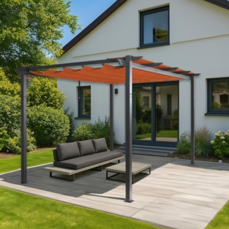 Aluminium Pergola HWC-N93, Gartenpavillon Pavillon Garten, stabiles 8cm-Gestell Schiebedach UV50+ 3x4m ~ terrakotta