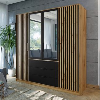 Beautysofa Drehtürenschrank BUENO LUX mit 4 Türen, Kleiderstangen, 3 Schubladen und 8 Ablagefächer (mit Lamellen und 2 Spiegeln, Erhältlich in zwei modernen Farbvarianten) Breite: 196 cm