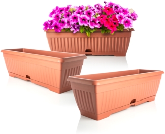 BigDean 3x Blumenkasten mit abnehmbarem Untersetzer Terracotta 50cm lang aus bruchsicherem Kunststoff Balkonkasten Pflanzkasten mit Wasserspeicher für Innen-&Außenbereich geeignet Made in Europe