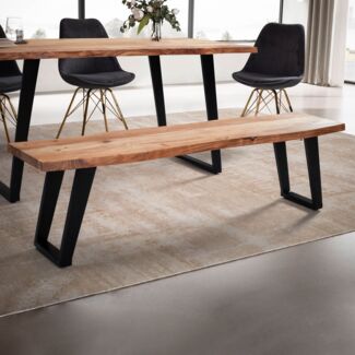 FineBuy Esszimmerbank Akazie Massivholz / Metall mit Baumkante, Esstischbank Modern, Holzbank Massiv ohne Lehne, Küchenbank Essbank mit U-Beinen, Sitzbank Esszimmer Braun