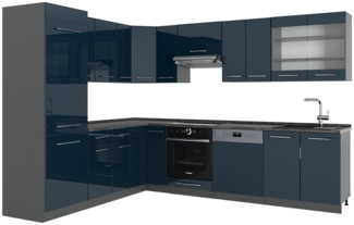 Vicco Eckküche Dunkelblau Hochglanz/Anthrazit 227x60 cm ohne Arbeitsplatte, Fame-Line