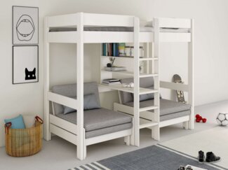 Lüttenhütt Etagenbett "HENNE XL ",Stockbett, Triple-Bett,Raumwunder,mit Regal für Stauraum, 3 Schlafplätze! Massivholz, inklusive Matratzen für Ausziehbetten