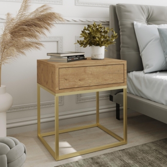 AX LIVING Nachttisch Kommode Aleio 45 cm Eiche Wotan, goldenes Gestell