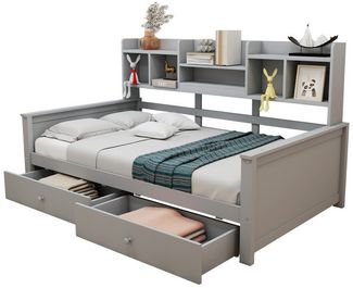 BlingBin Kinderbett Einzelbett Schlafsofa Jugendbett Massivholzbett (1-tlg, mit Lattenrost, 2 Schubladen und Regale), 90x200 cm, ohne Matratze, Grau