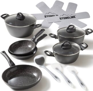 STONELINE Topf-Set, Aluminium, Keramik (Kochgeschirr-Set, 14-tlg, Kochgeschirr-Set, 3x Kochtopf, 3x Bratpfanne, 3x Glasdeckel, Zubehör), mit echten Steinpartikeln, induktionsgeeignet, Designed in Germany