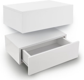 Juskys Wandregal Nachttisch hängend 2er Set Holz 46x30x15 cm BTH - 1 Schublade & Ablage pro Nachtkommode - Wandmontage - Nachtschrank Weiß Hochglanz