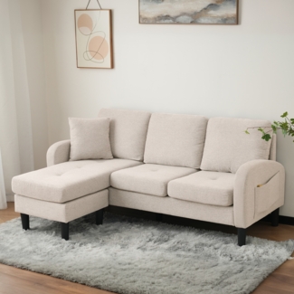 Merax 166cm L-förmiges Ecksofa mit Chaiselongue – 3-Sitzer Sofa, Atmungsaktiver Baumwoll-Leinenstoff, Kunststoffbeine, Beige