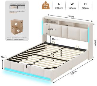 MSMASK Polsterbett mit Steckdosen & LED Beleuchtung, Stauraum und Kopfteil