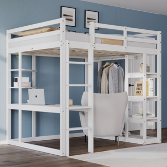 Hochbett 140x200 cm mit Schreibtisch und Stauraum,Kinder- & Jugendbett aus Massivholz,Leiter & Regale,Weiß