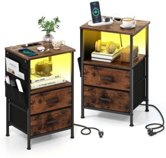 COSTWAY Nachttisch (2-St), mit LED, Ladestation, USB-Anschlüsse&Schubladen