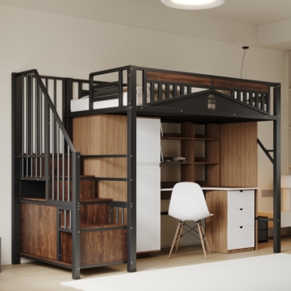 Merax Hochbett 90 x 200 cm, Kinderbett, Einzelbett, Einzigartiges Sicherheitsgehäuse mit Fenster, Sicherheitsleiter mit Spind, Schwarz