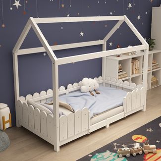 Kinderhausbett 90x200 cm aus Kiefernholz, mit Dach & Zaun, Rausfallschutz, Montessori Bett für Mädchen & Jungen,Weiß