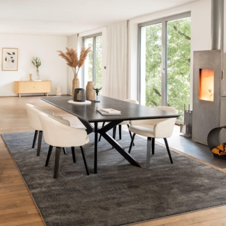 HOME DELUXE Essgruppe Eckig AVENCIA inkl. Sternfuß - 200 x 120 cm Dark Oak 4 Stühle Bouclé Weiß