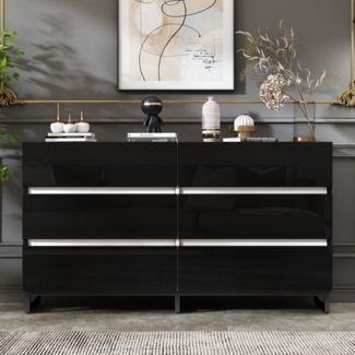 Sideboard mit 6 Schubladen & Metallfüßen, 140 x 39,5 x 78,5 cm, Schwarz