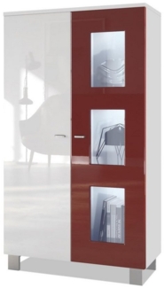 Vladon Vitrine Denjo, Standvitrine mit 2 Türen und 3 Glaseinsätzen, Weiß matt/ Weiß Hochglanz und Bordeaux Hochglanz inkl. LED-Beleuchtung (71 x 129 x 35 cm)