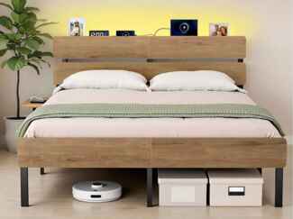 VASAGLE Doppelbettgestell, Bett, 160 x 200 cm, Metallrahmen, LED-Beleuchtung, USB-A- und USB-C-Anschluss, Unterbettaufbewahrung, Industrie-Stil, einfache Montage, naturbraun