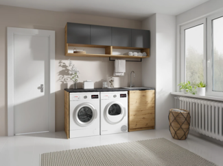 Vente-unique - Waschküchenmöbel für Waschmaschine mit Arbeitsplatte - 182 cm - Anthrazit & Holzfarben hell - NATAJI